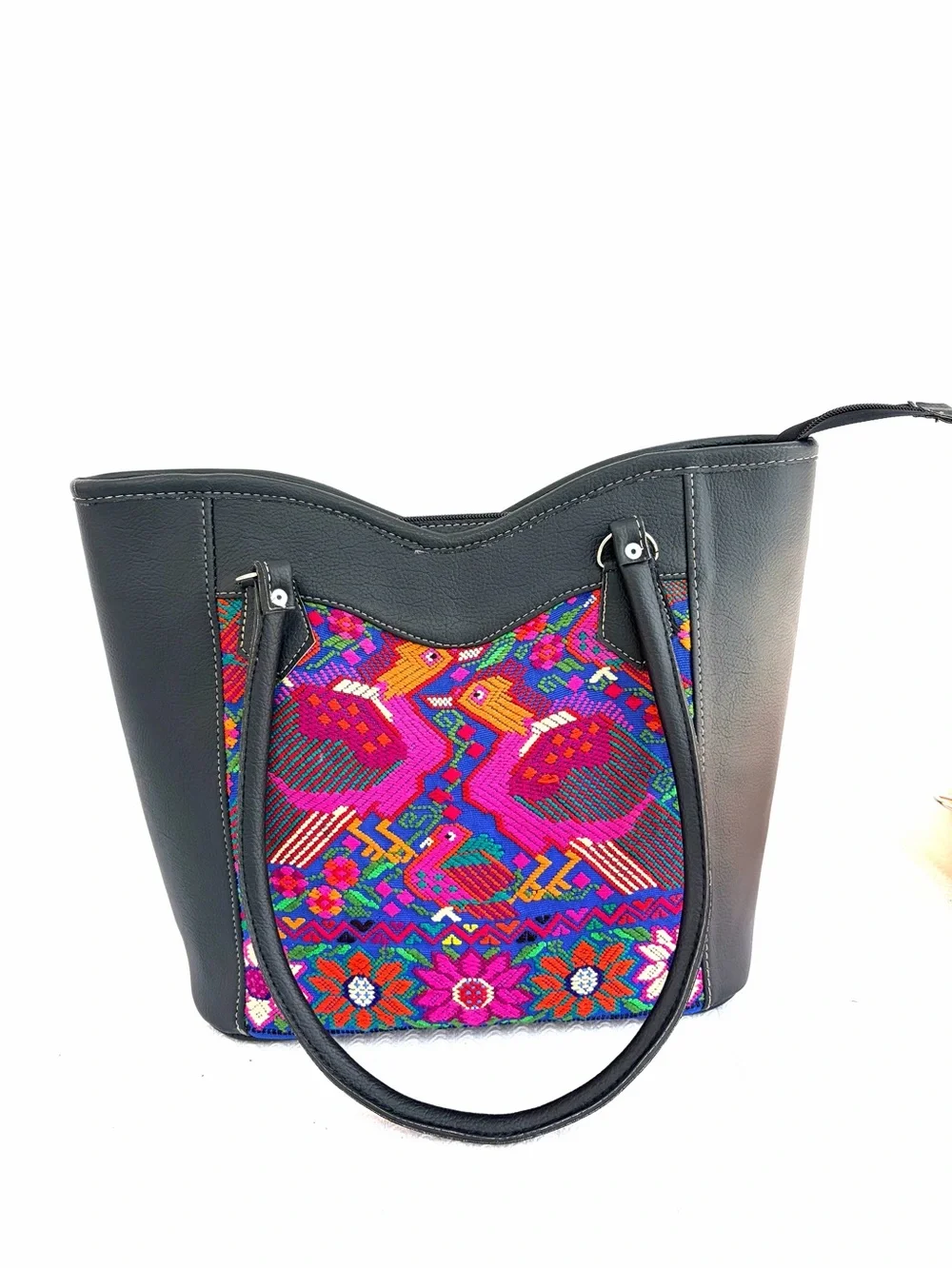 Handcrafted Gautemalan Huipil Leather Tote w Vibrant Pink, Multicolor Embroidery